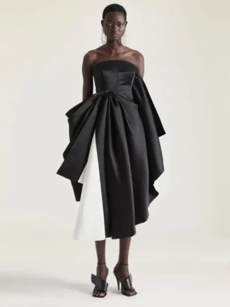 Draped Bustier Evening Dress in Satin with Bow Detail