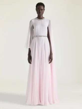 Draped Evening Dress in Chiffon with Crystals and Cape