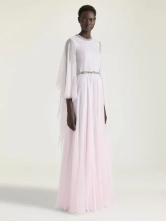 Draped Evening Dress in Chiffon with Crystals and Cape