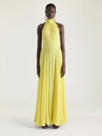 Halterneck Evening Dress in Silk Chiffon with Bow Detail