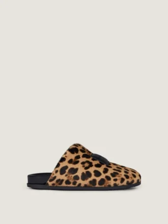Label Flat Mules in Pony Effect Leather with Leopard Pattern