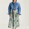 Long Circular Skirt in Poplin with Roses Print