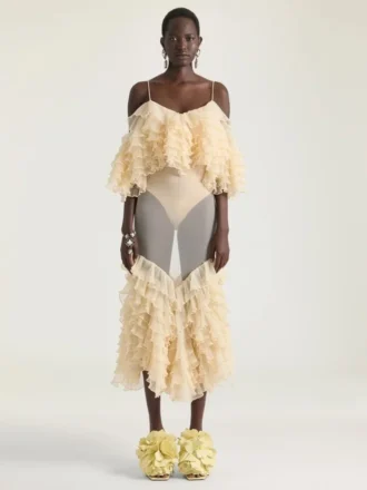 long ruffled dress in ultra fine knit 1 330x440 - Boudoir Heeled Mules in Leather with Rose Petals