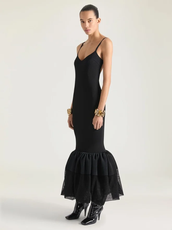 Open Back Ruffled Dress in Fine Rib Open Back Ruffled Dress in Fine Rib