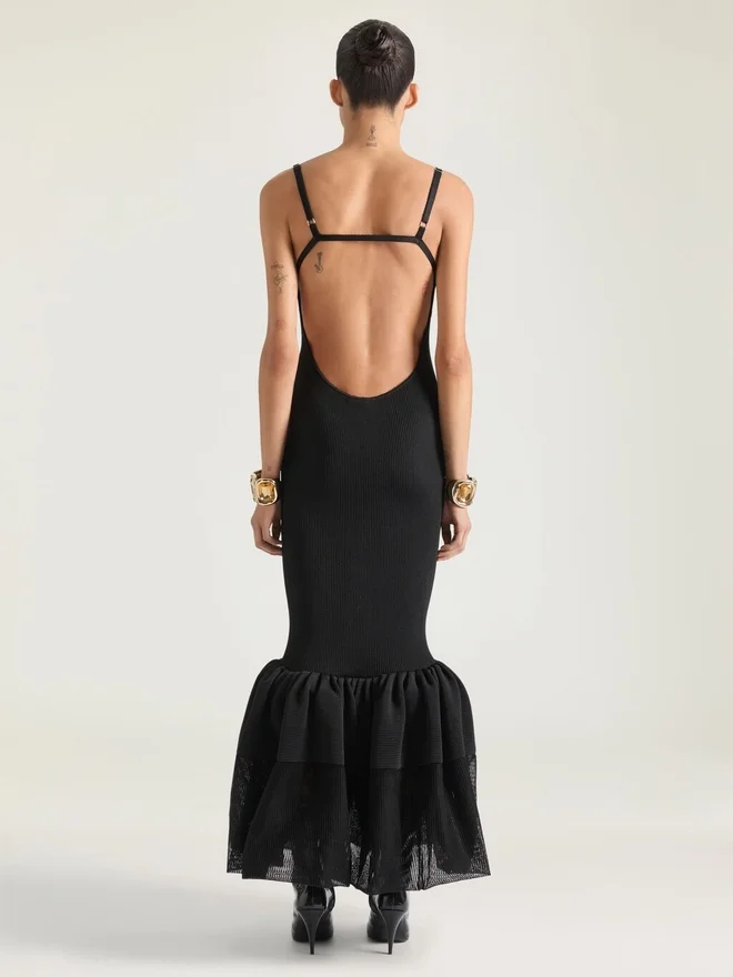 Open Back Ruffled Dress in Fine Rib Open Back Ruffled Dress in Fine Rib
