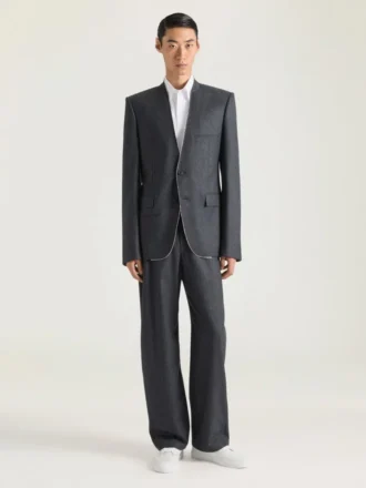 Single-Breasted Collarless Fitted Jacket in Flannel