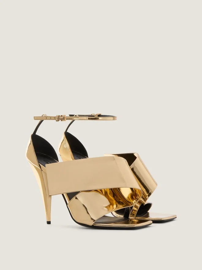 Sliced Square Heeled Sandals in Mirror Effect Leather Sliced Square Heeled Sandals in Mirror Effect Leather