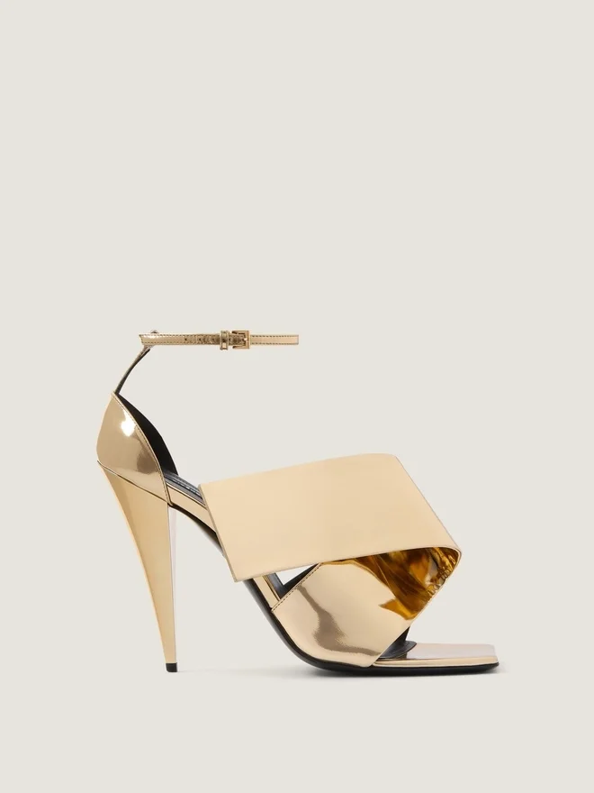 Sliced Square Heeled Sandals in Mirror Effect Leather Sliced Square Heeled Sandals in Mirror Effect Leather