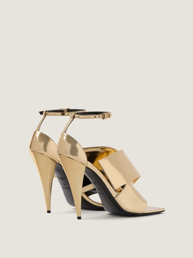 Sliced Square Heeled Sandals in Mirror Effect Leather Sliced Square Heeled Sandals in Mirror Effect Leather