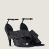 Sliced Square Heeled Sandals in Satin with Strass