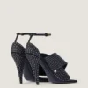 Sliced Square Heeled Sandals in Satin with Strass